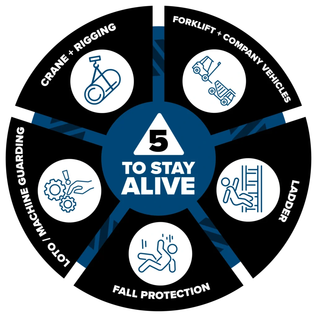 graphic describing the 5 to Stay Alive program: crane + rigging, forklift + company vehicles, ladder, fall protection, loto / machine guarding